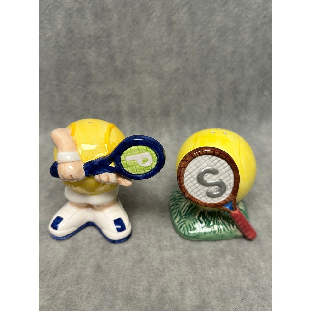 Tennis Salt and Pepper Shakers Yellow Ceramic Player Racket Set